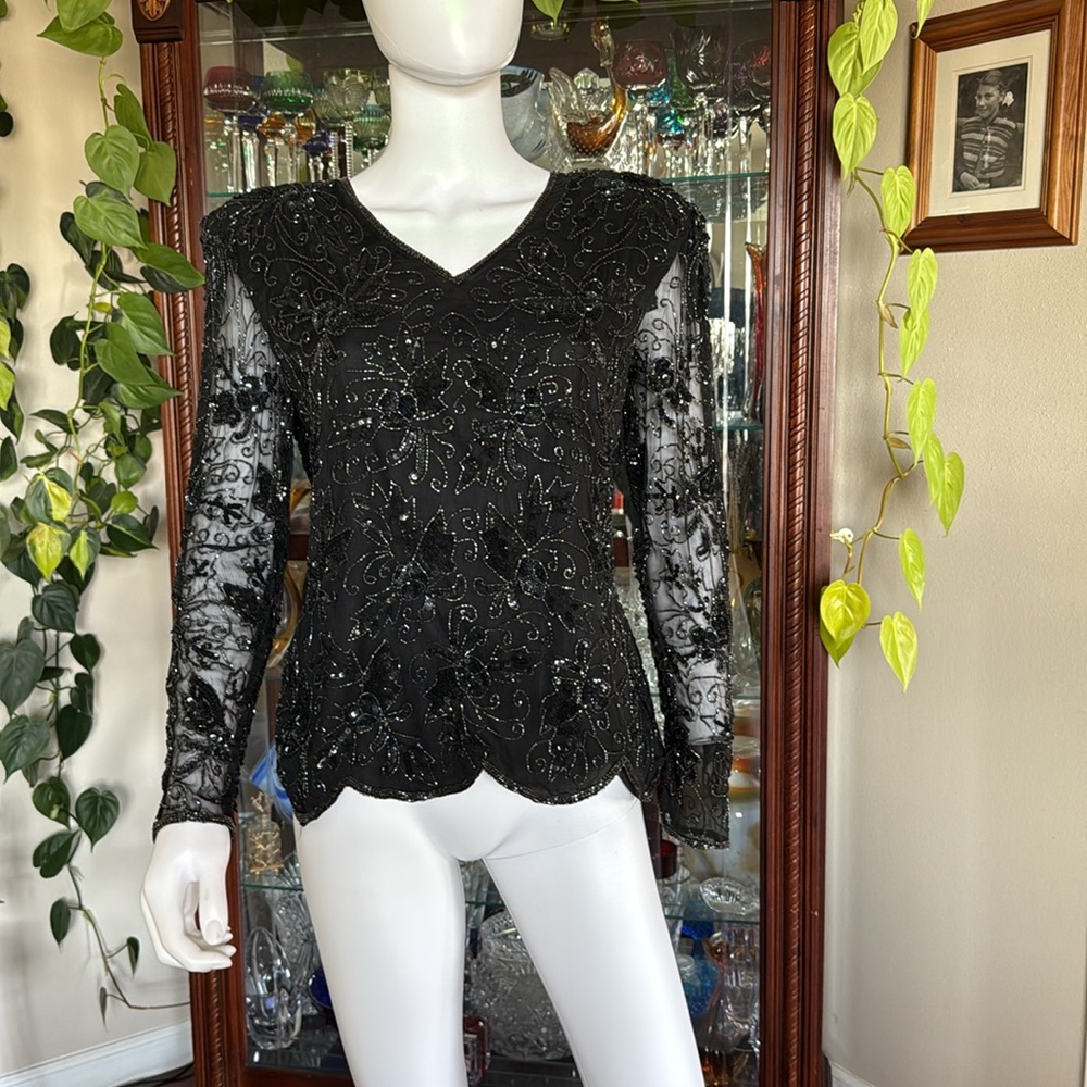 Stenay Stunning Elegant Black Silk, sequins Women's Top Size Medium Like New